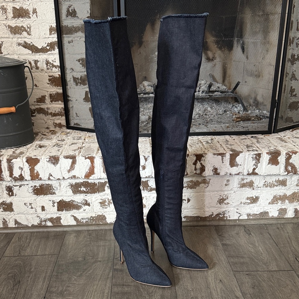 Shoe Dazzle Krista Midnight Blue Denim Over the Knee Boots